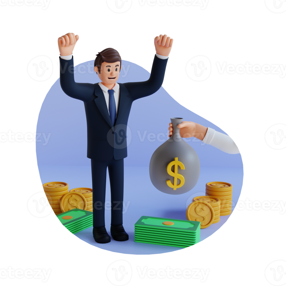 businessman gets a sack of money 3d character illustration png