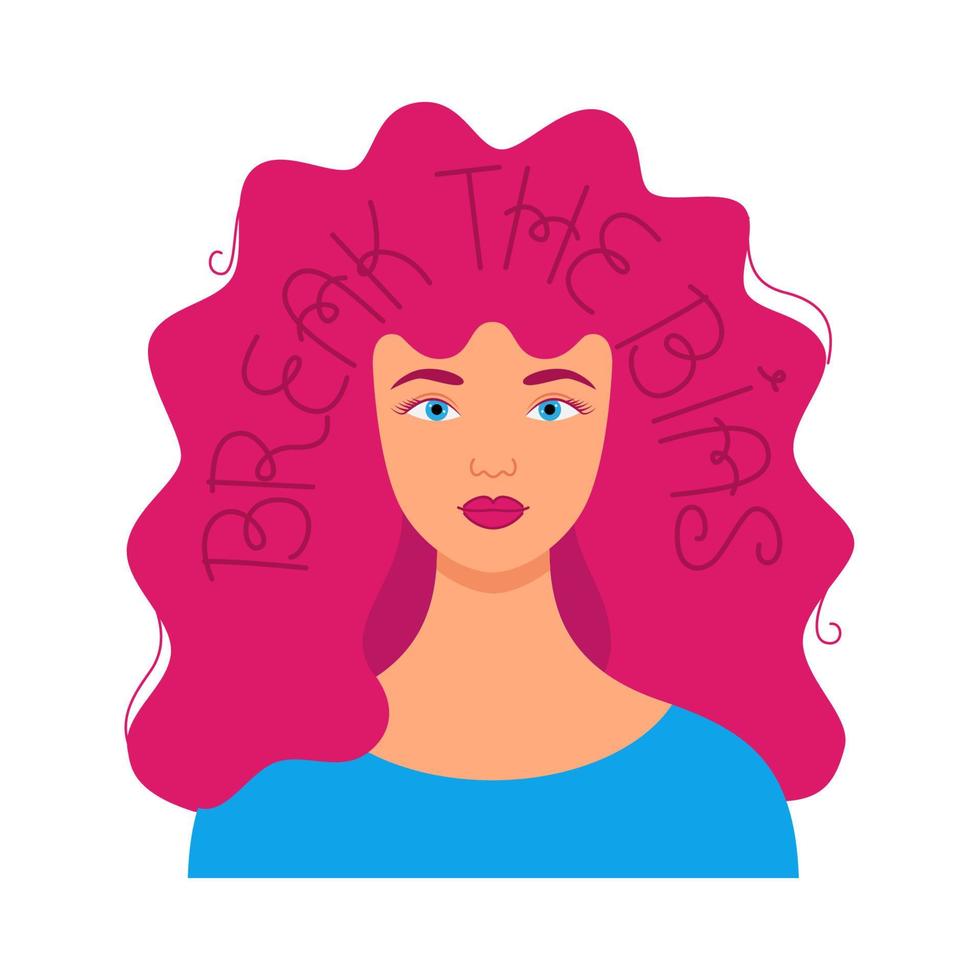 Break the bias. Portrait of a strong and beautiful girl with an inscription in her hair. International Women's Day banner. Campaign against stereotypes, discrimination, inequality. Vector illustration