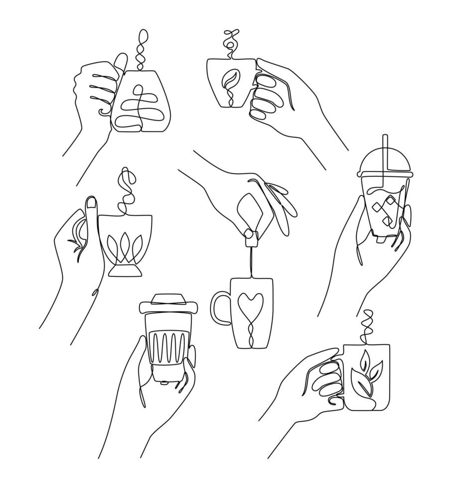 Continuous line drawing of hands holding assorted cups of tea of coffee. Concept of a hot drink. Great for card, party invitation, print, menu, logo, poster. Sketch, line art. Minimalism. Vector