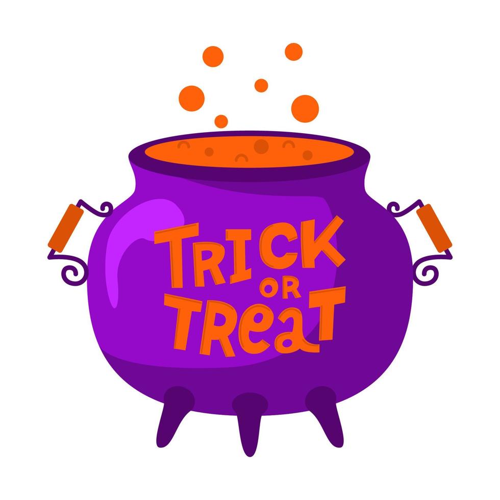 Witch's cauldron with boiling magic potion. Trick or Treat lettering design. Symbol of witchcraft. Traditional halloween element. Vector Illustration isolated on white background.