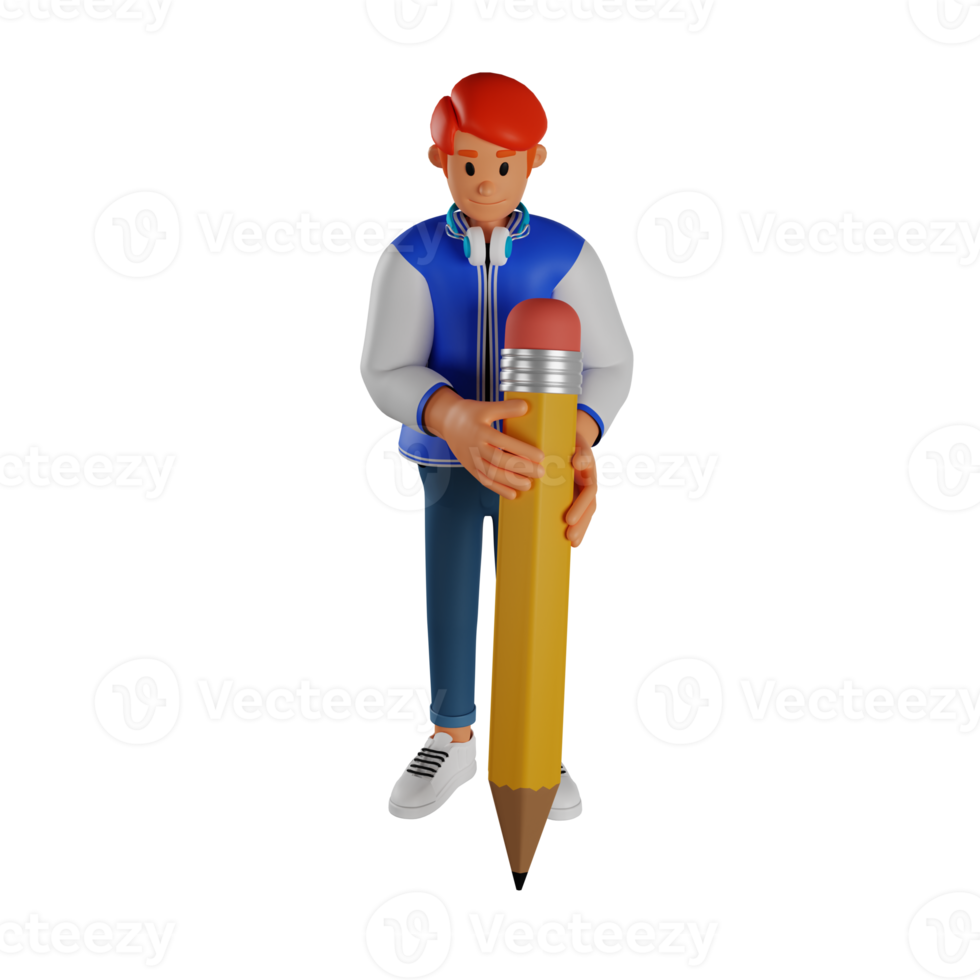 Young man red haired holding a giant pencil 3d character illustration png