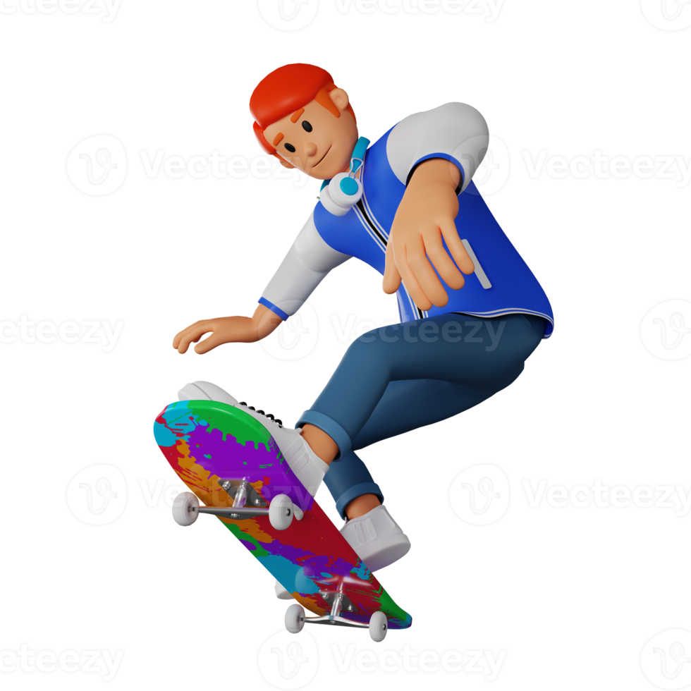 giovane uomo rosso dai capelli andare con lo skateboard 3d personaggio illustrazione png