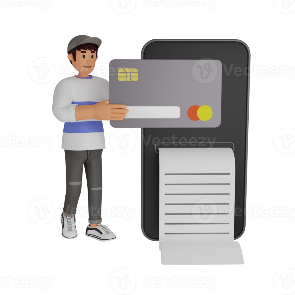 joven sosteniendo una gran tarjeta de crédito ilustración de personaje 3d png