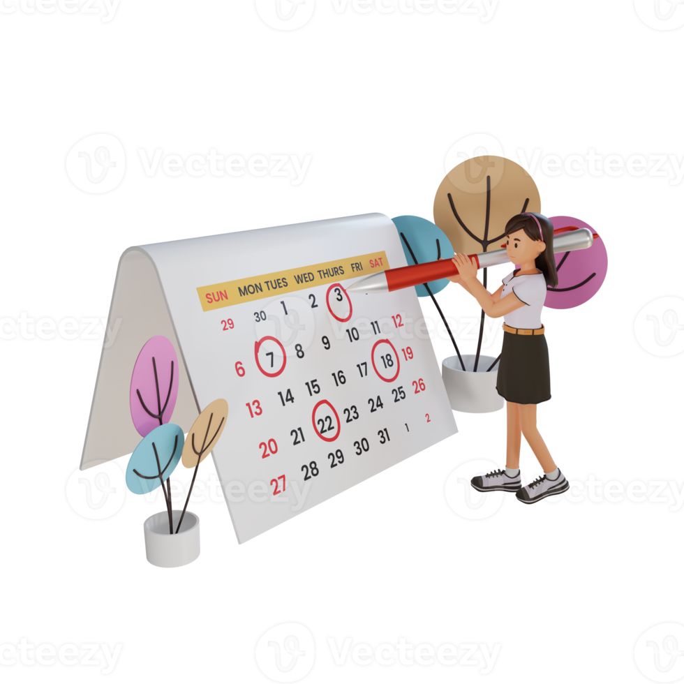young girl circle date on huge calendar, 3d character illustration png