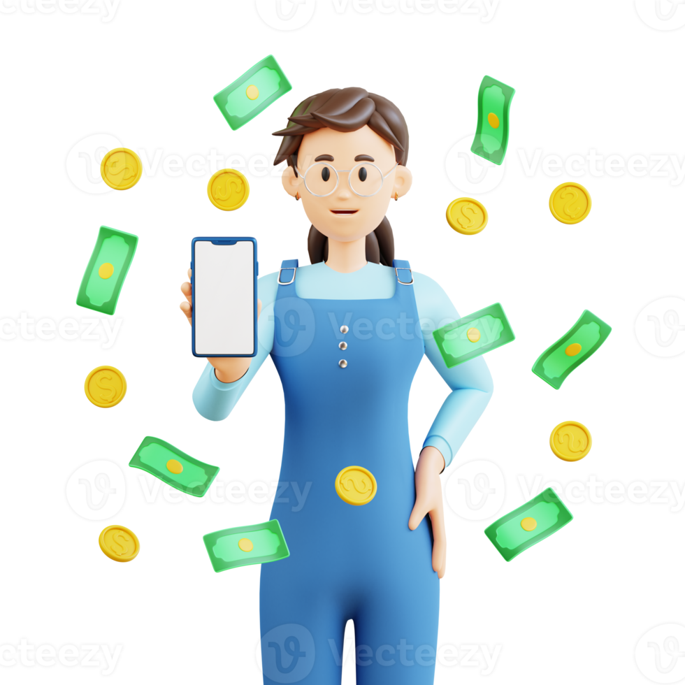 young girl standing while showing phone screen and lots of money flying around 3d character illustration png