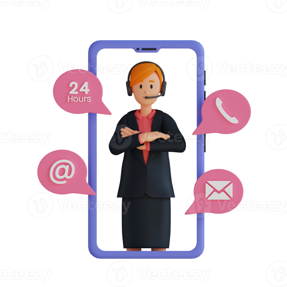 female customer service serving via mobile 3d character illustration png