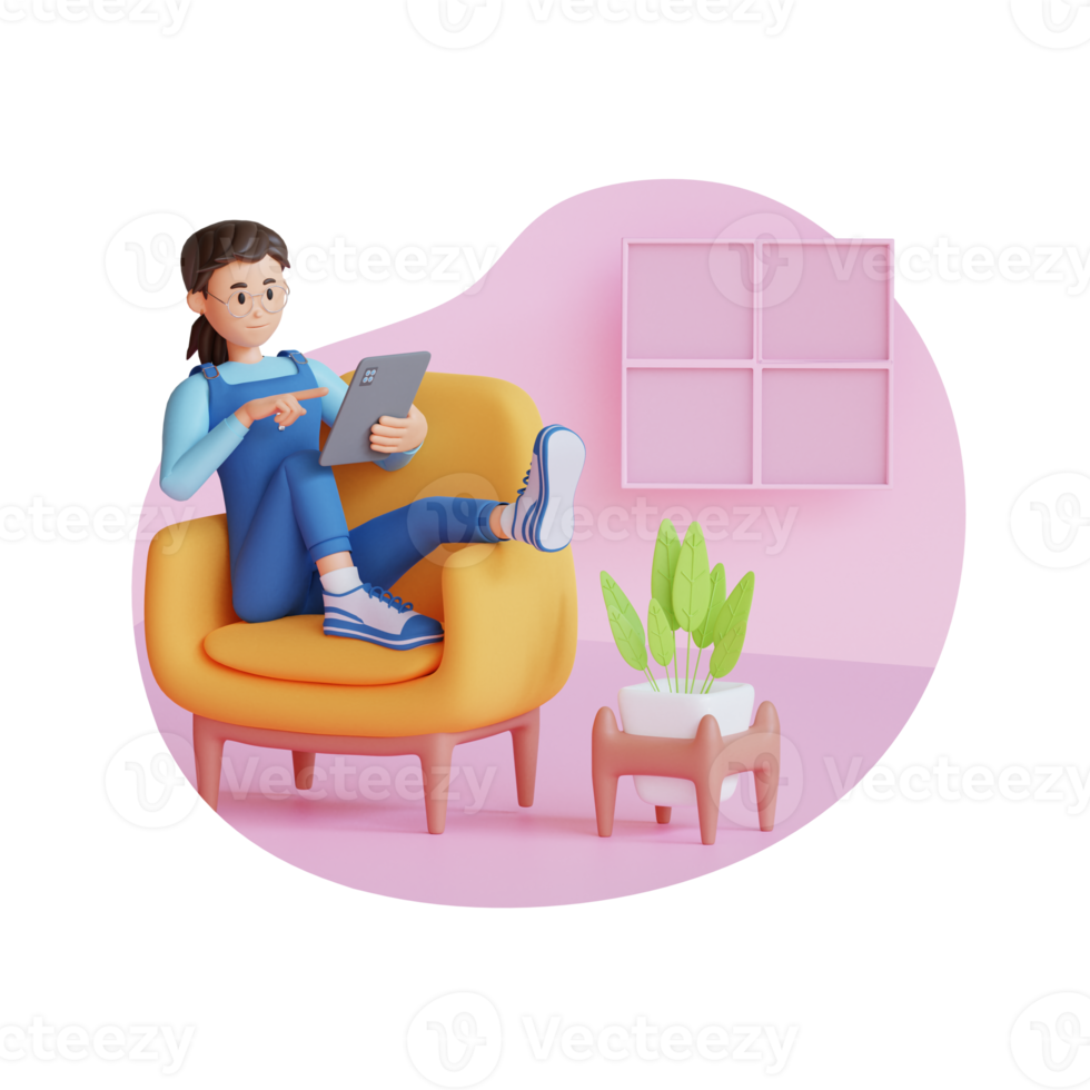 teenage girl is using digital tablet while sitting on the sofa 3d character illustration png