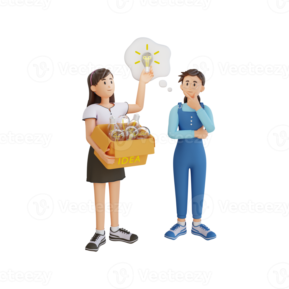 young woman finding ideas in the box cardboard 3D character illustration png