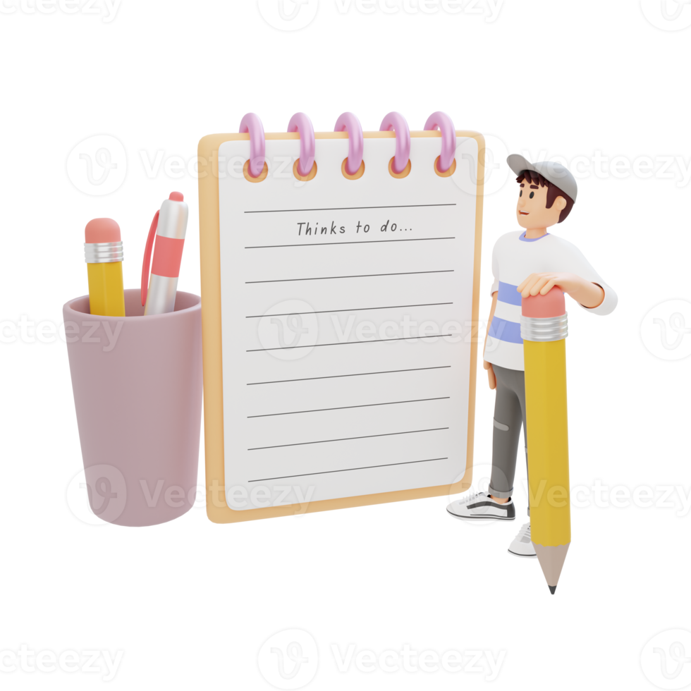 man standing looking at big notebook in front of him 3d character illustration png