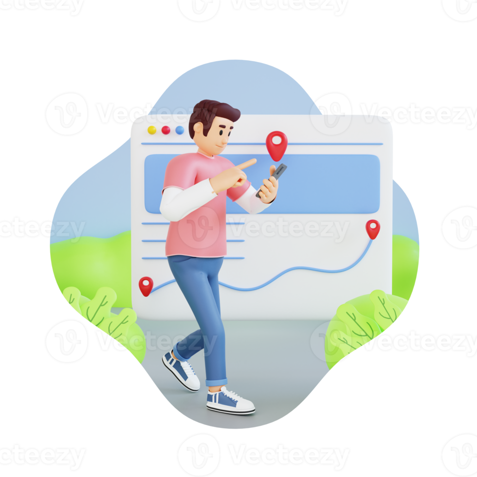 young man walking while using phone with navigation app 3d character illustration png