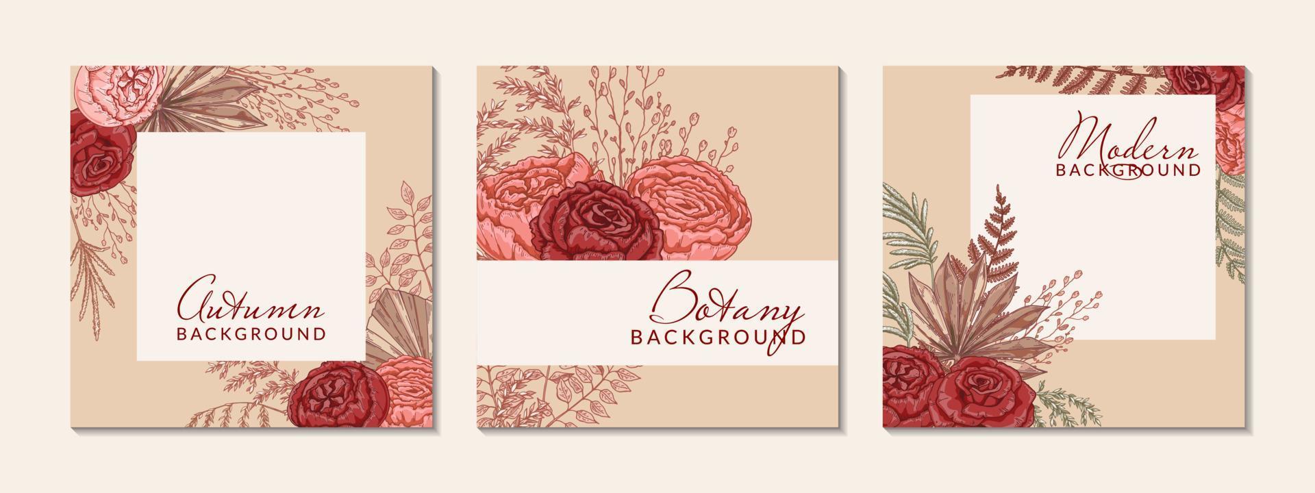 Set of autumn square backgrounds with modern floral elements. Social media post template. Hand drawn botanical vector illustration. Space for text
