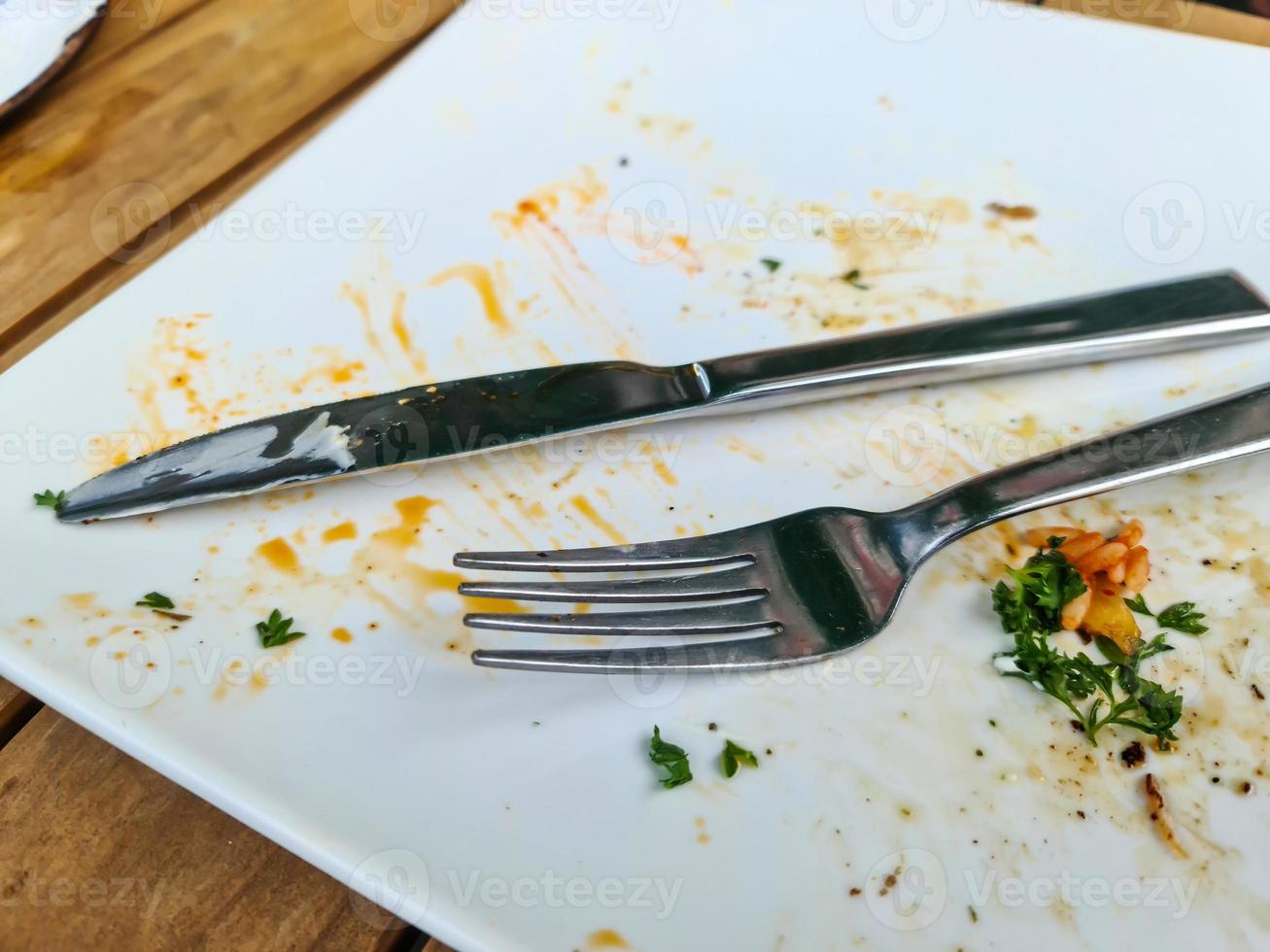 Used empty white plate with fork and knife photo