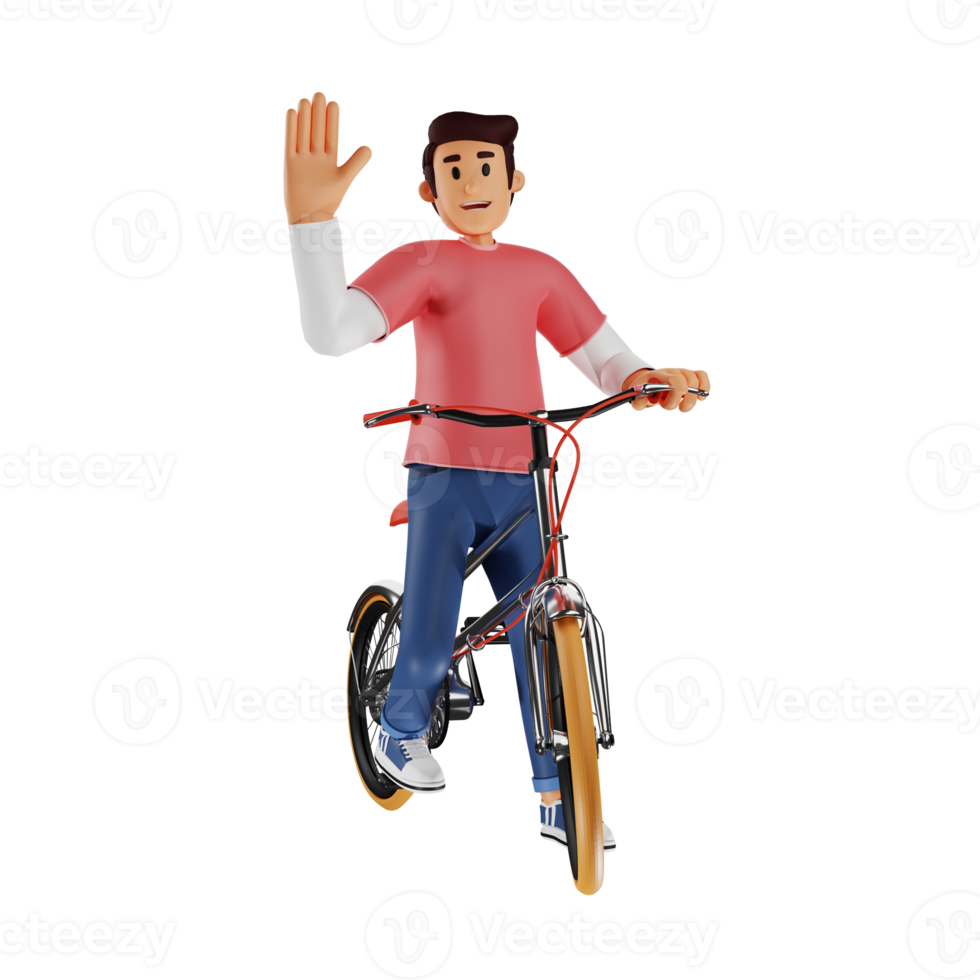 Young man riding a bicycle waving his hand 3d character illustration png