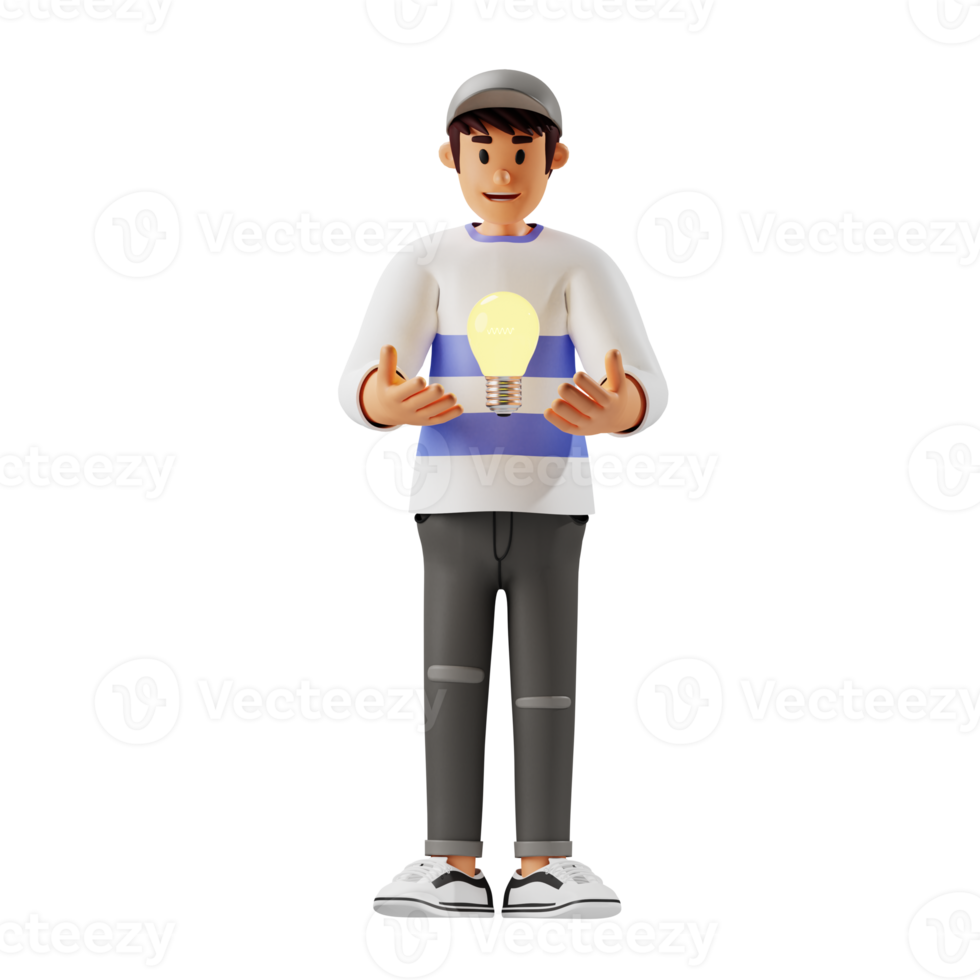 Young man in a hat and a light bulb 3d character illustration png