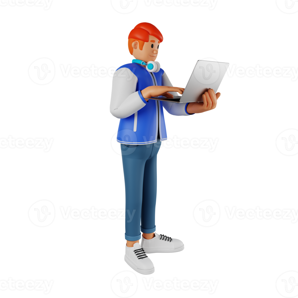 Young man red haired holding a laptop while standing 3d character illustration png