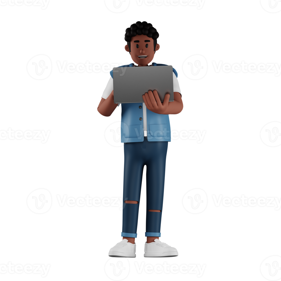 Curly haired young man holding laptop while standing 3d character illustration png