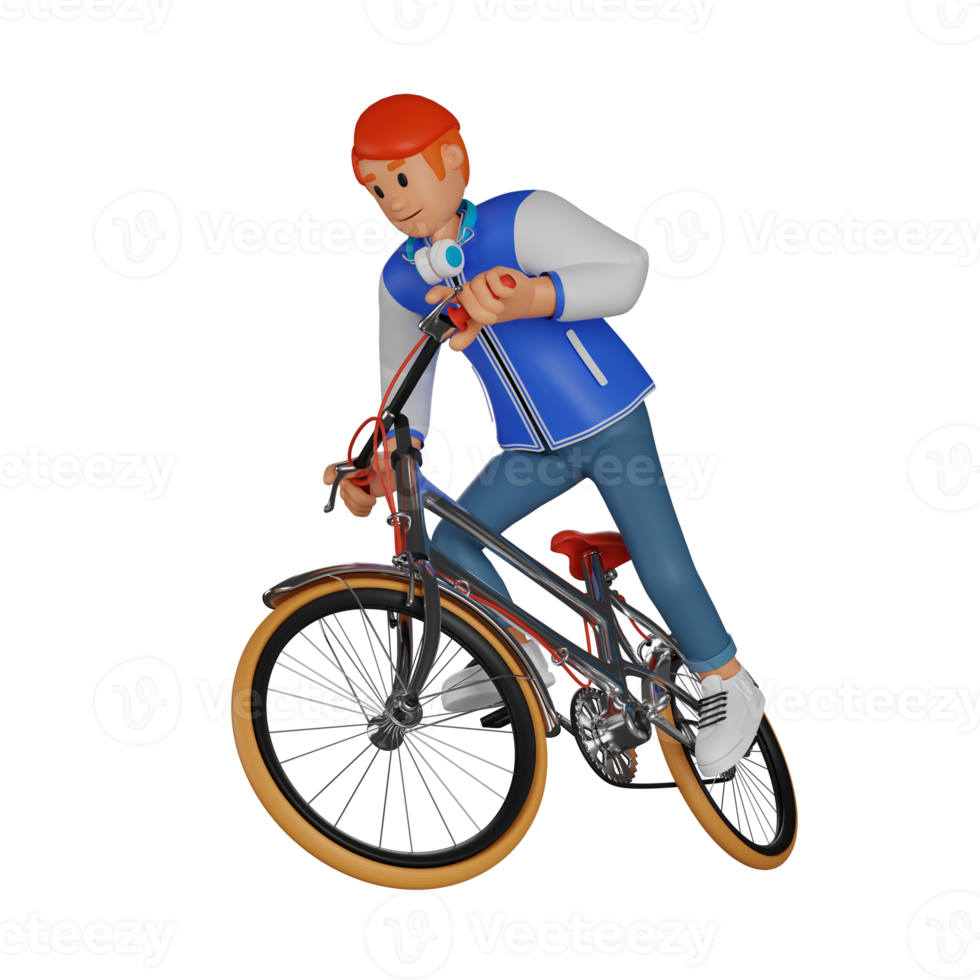 giovane uomo rosso dai capelli equitazione un' bicicletta 3d personaggio illustrazione png