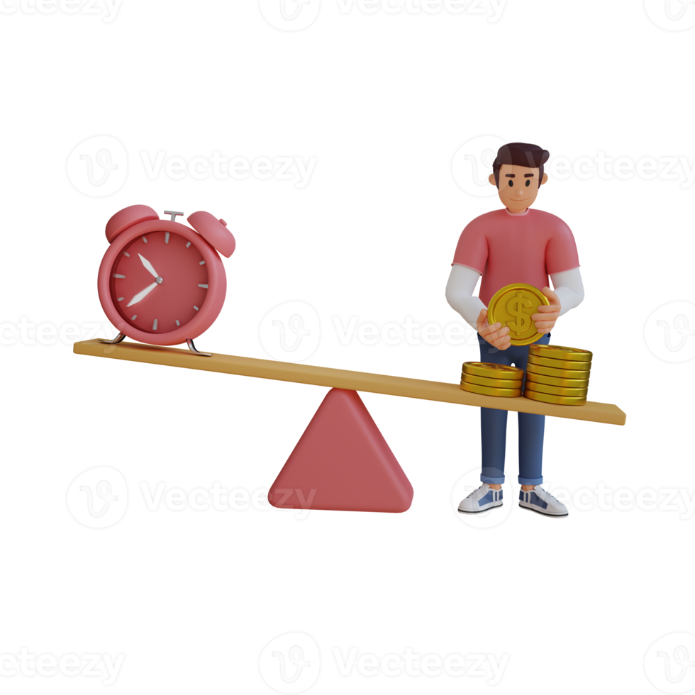young man weigh coins with time 3d character illustration png
