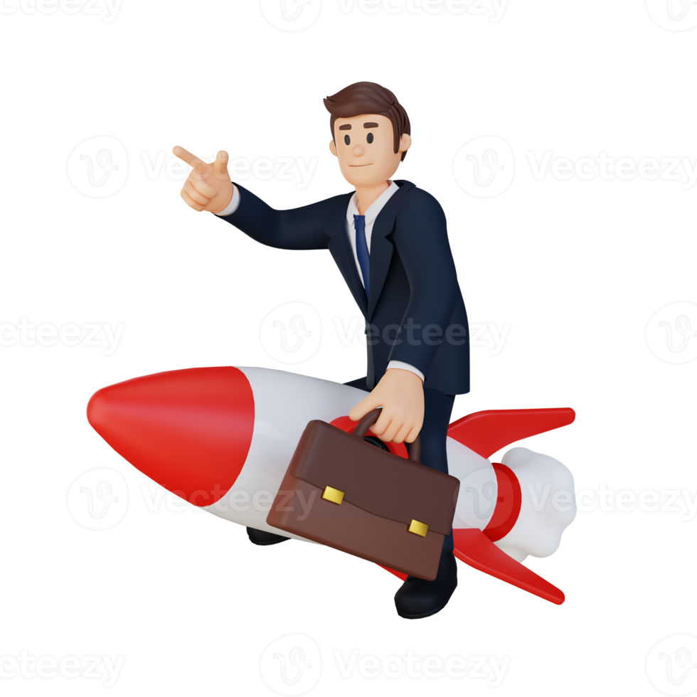 businessman riding on a rocket 3d character illustration png