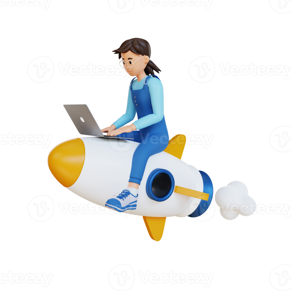 young girl flying on rocket 3d character illustration png