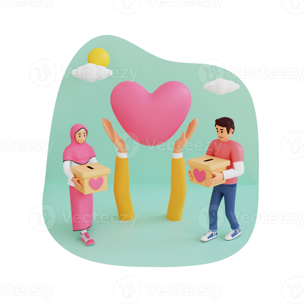 man and woman holding donation boxes, 3d character illustration png