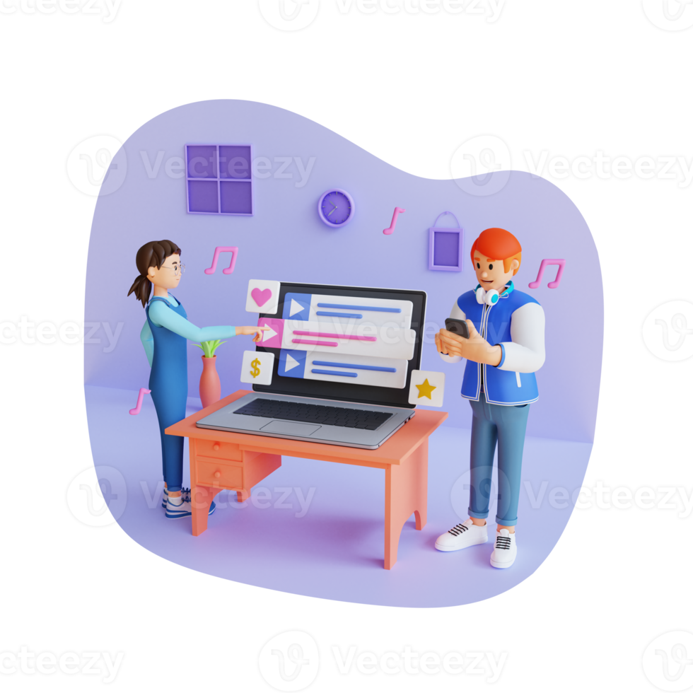Young people using online music apps 3d character illustration png