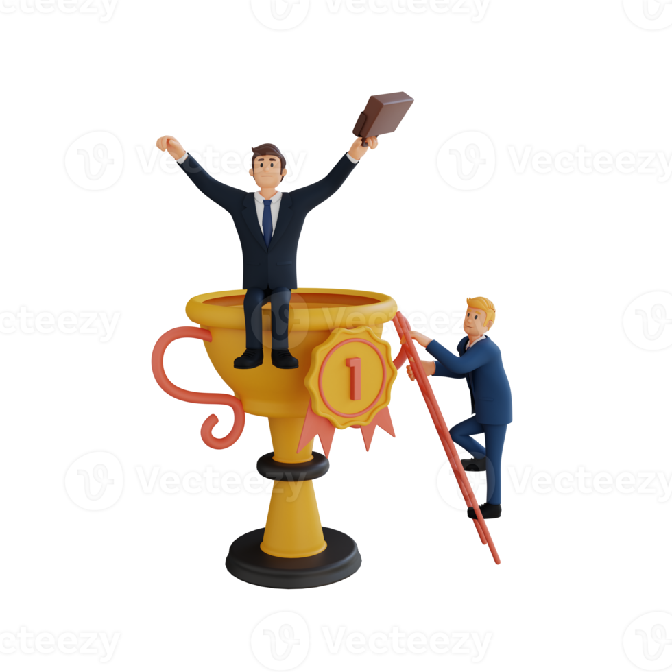 businessman sitting on trophy 3d character illustration png
