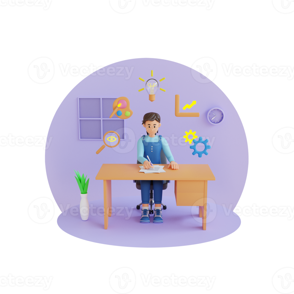 young girl studying on a chair 3D character illustration png