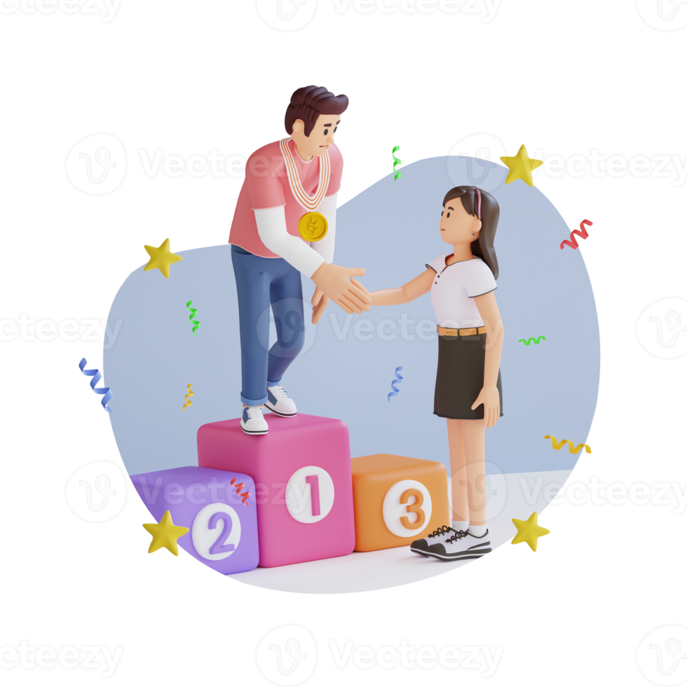 young boy standing on podium while shake hand with young girl 3D character illustration png