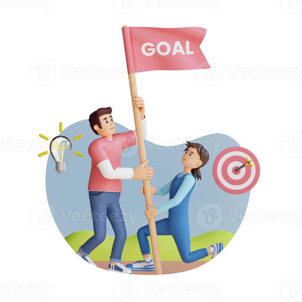 young boy and girl raising goal flag 3D character illustration png