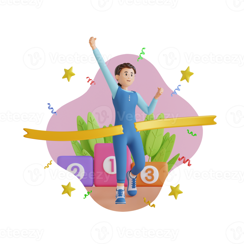 young girl crossing the finish line 3d character illustration png