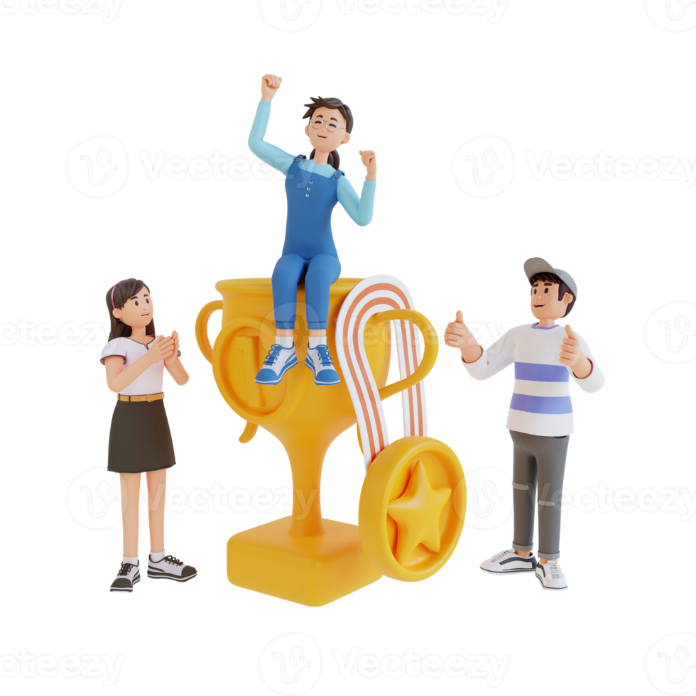 teenagers cheering and sitting on big golden cup 3d character illustration png