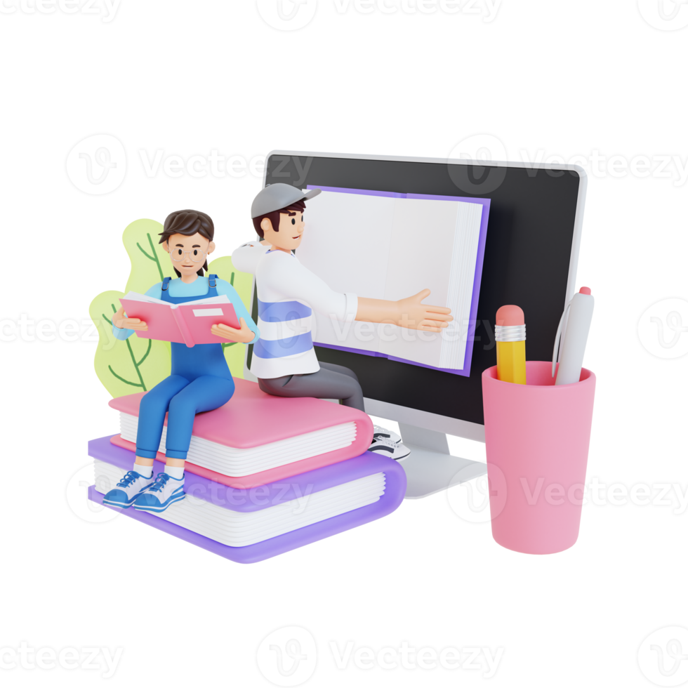 young man and girl reading a book while sitting on a pile of books with big computer screen 3d character illustration png