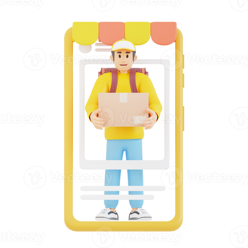 young man ordering via mobile app on smartphone 3d character illustration png