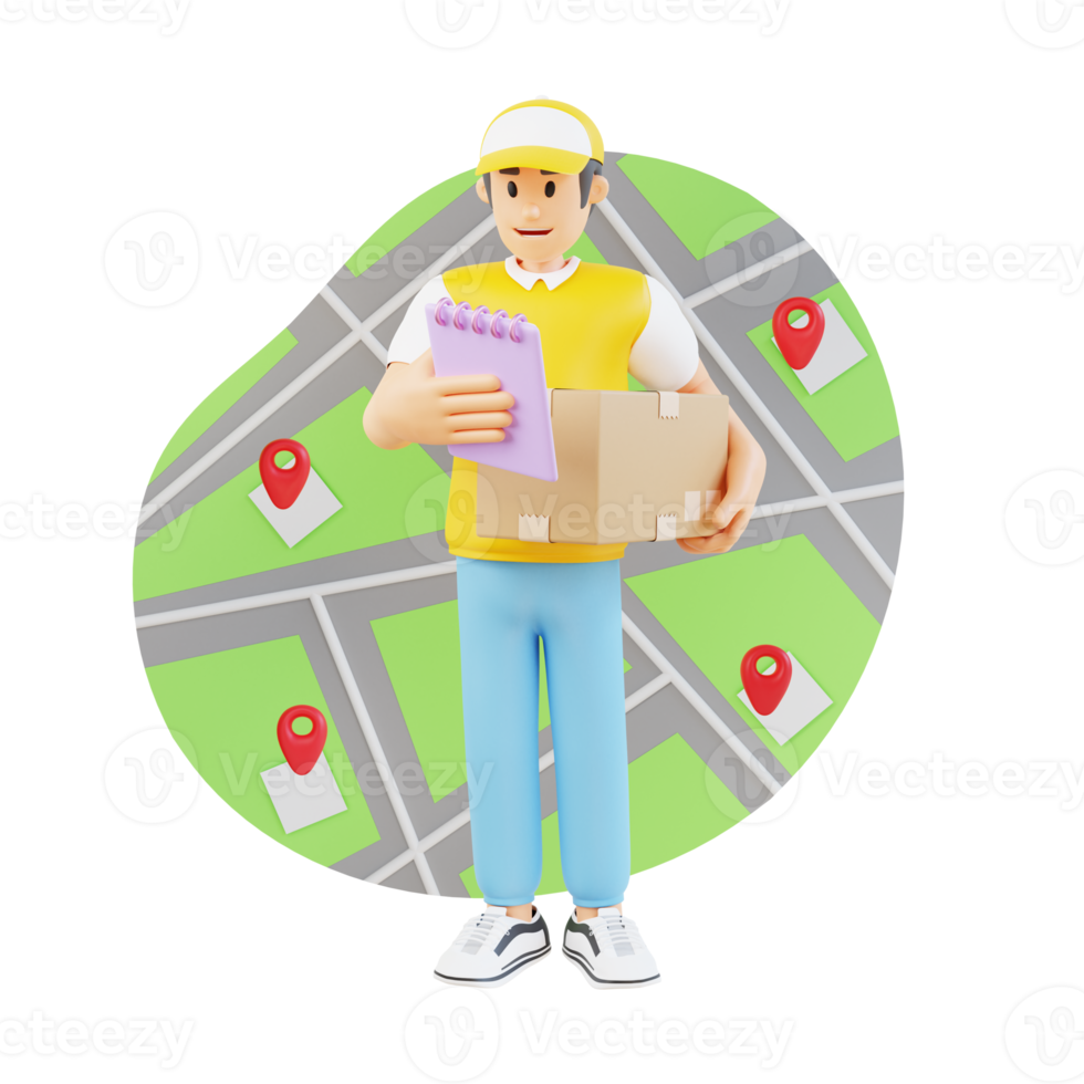 man courier bring order box to consumer 3d character illustration png