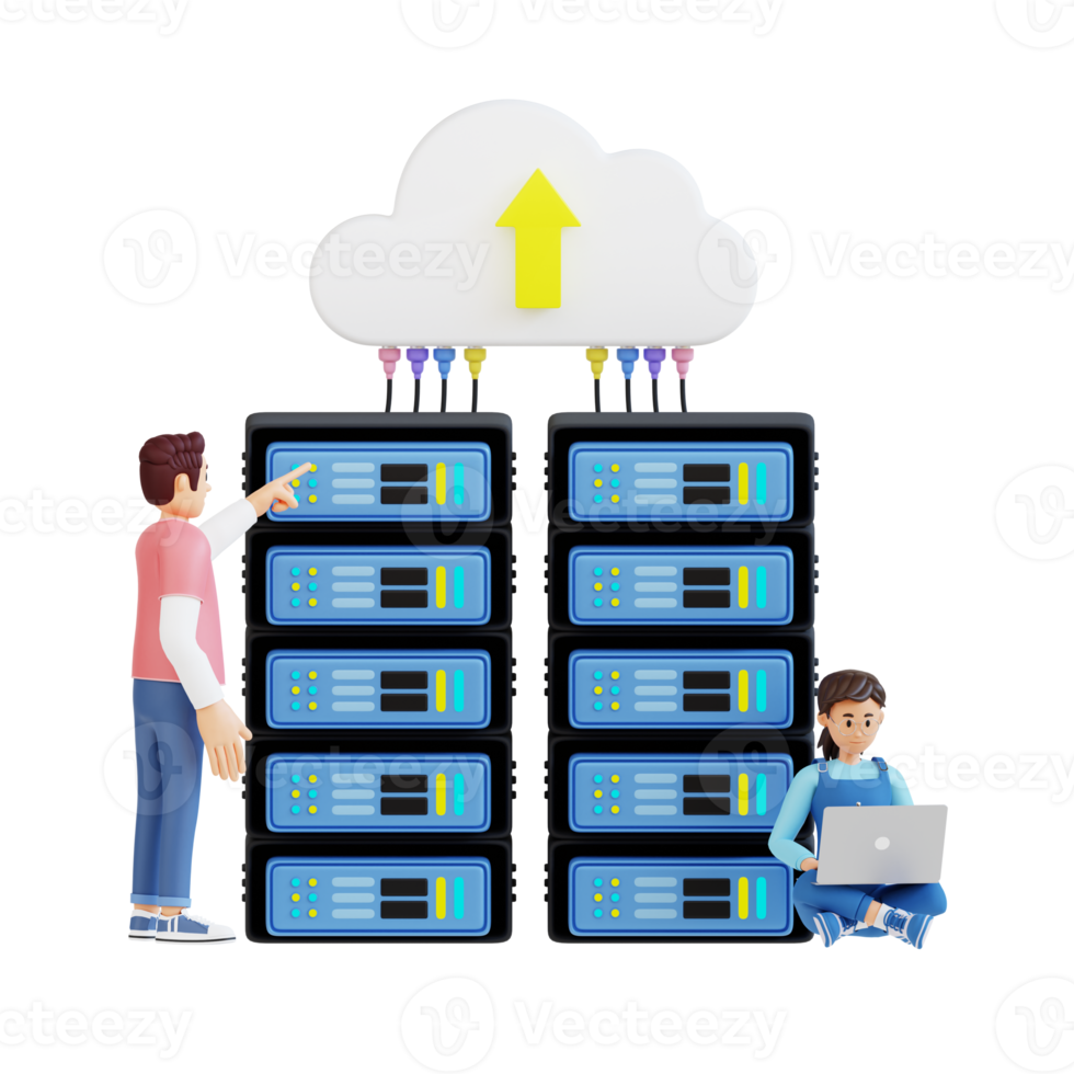 young man standing pointing to server with cloud above, young girl sitting beside server using laptop 3d character illustration png