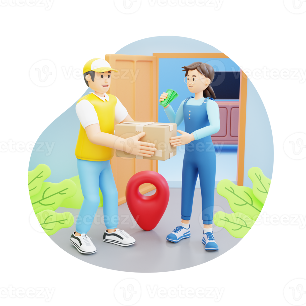 young woman receiving parcel from courier 3d character illustration png