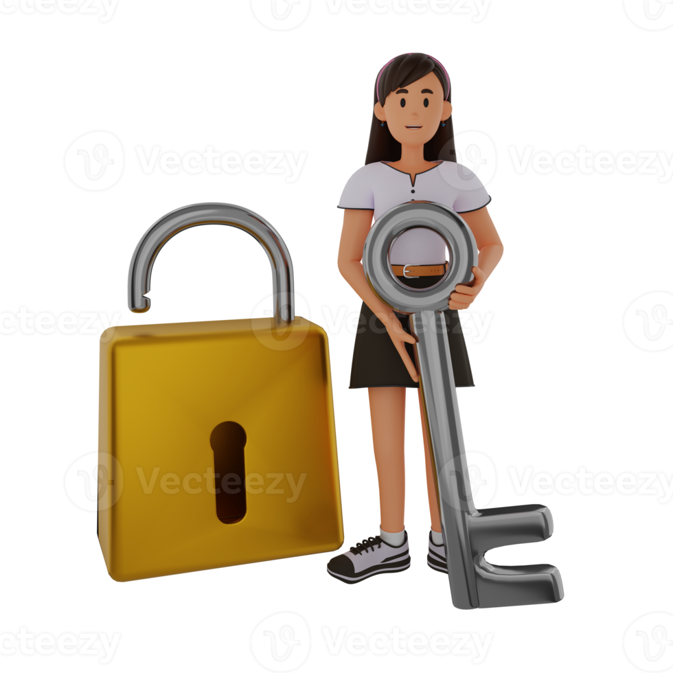 young woman holding big key and padlock 3d character illustration png