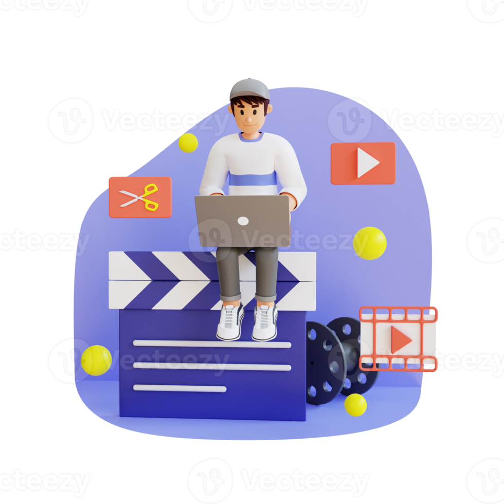 young man sitting on giant clapper board, 3d character illustration png