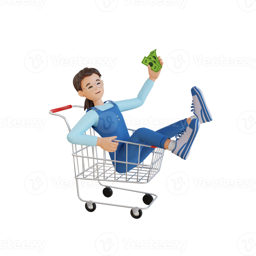 young girl riding on the shopping cart 3D character illustration png