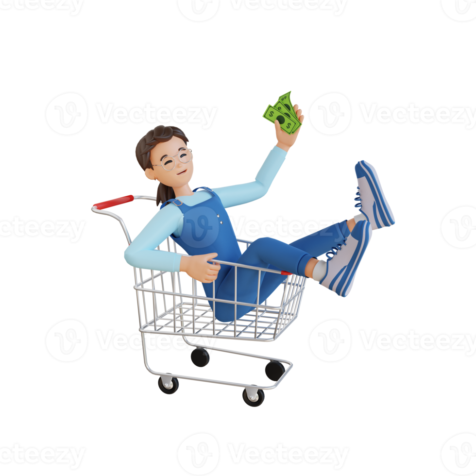 jong meisje rijden Aan de boodschappen doen kar 3d karakter illustratie png