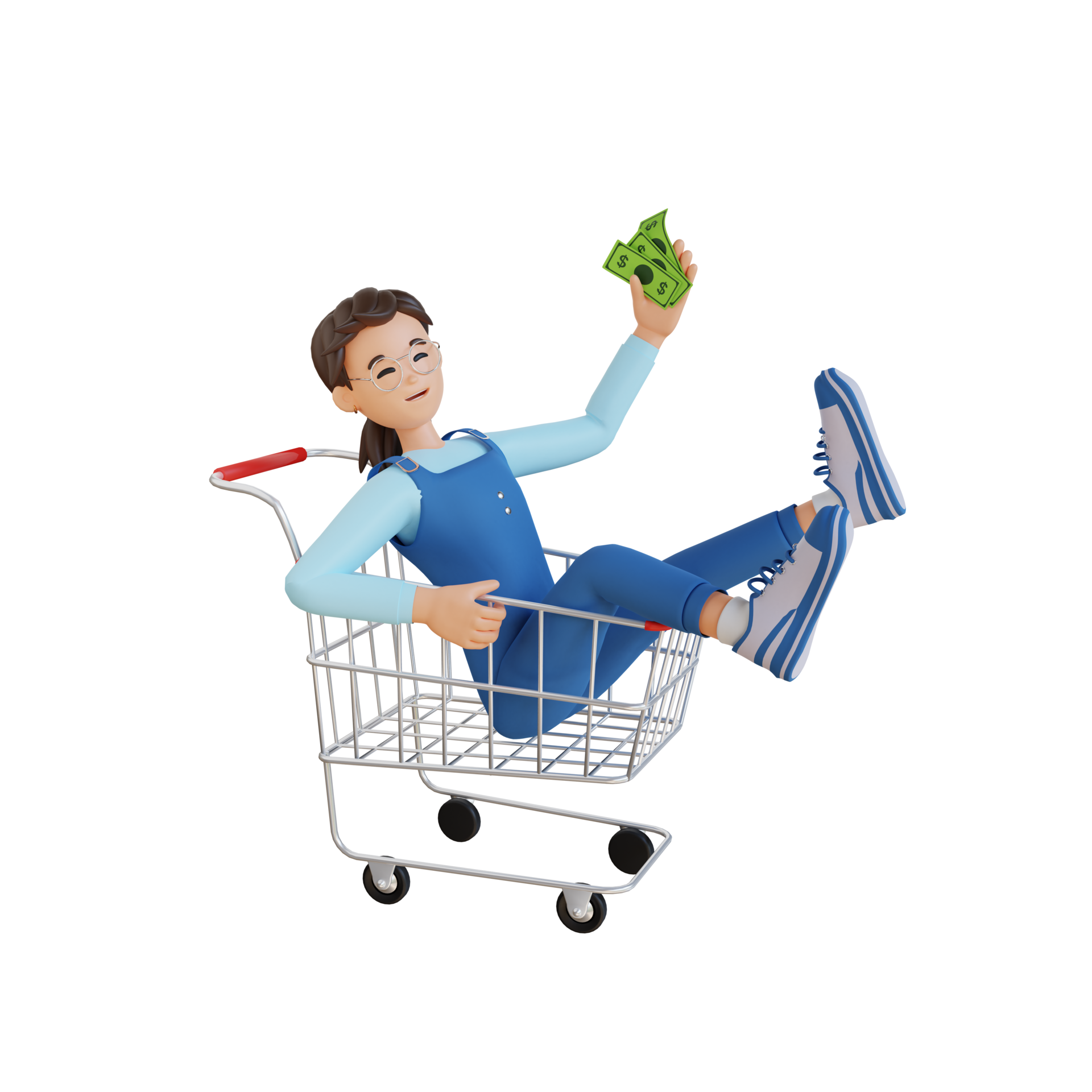 young girl riding on the shopping cart 3D character illustration