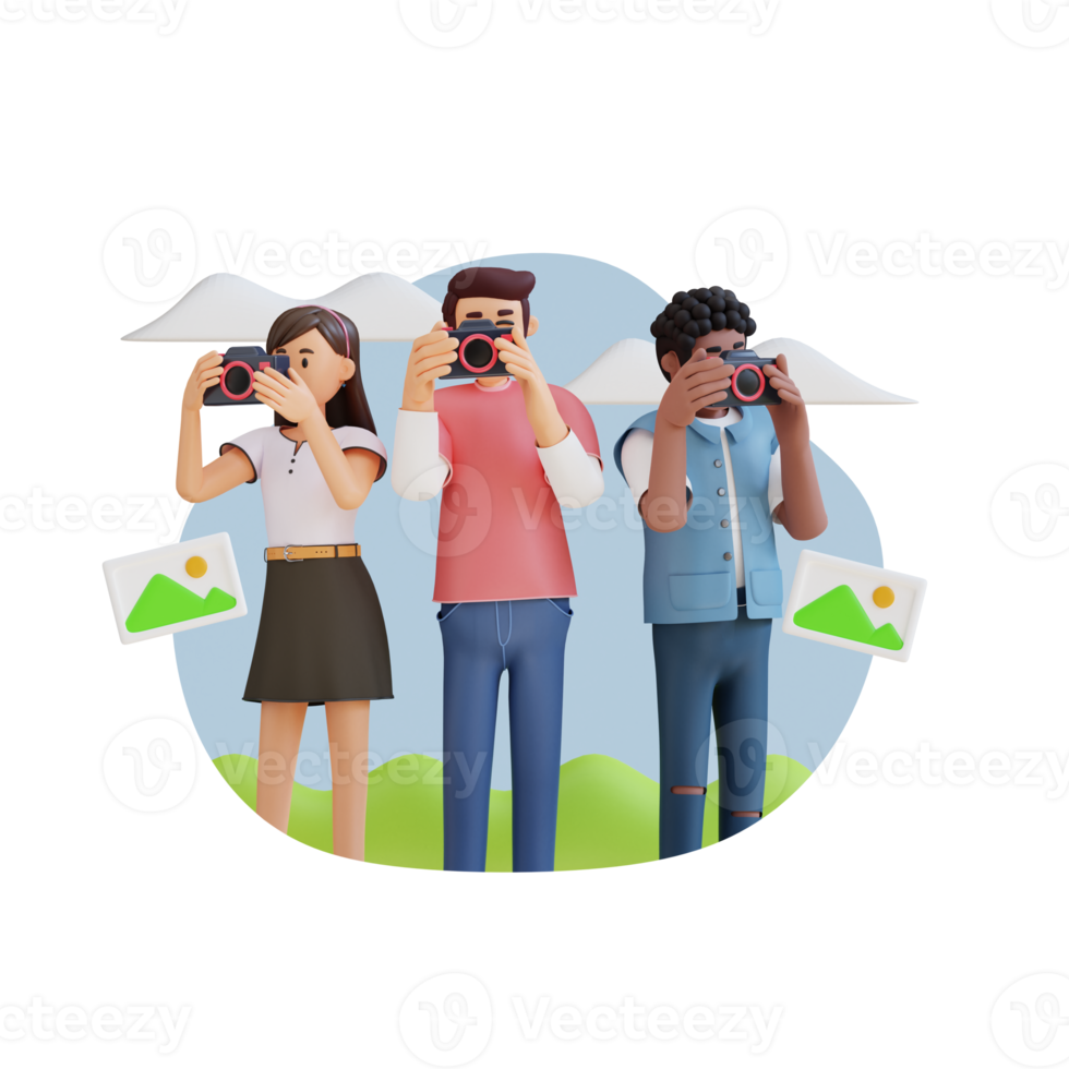 young man and girl take photo on camera lens 3d character illustration png