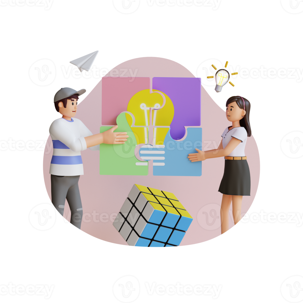 young man and girl composing a puzzle pieces 3d character illustration png