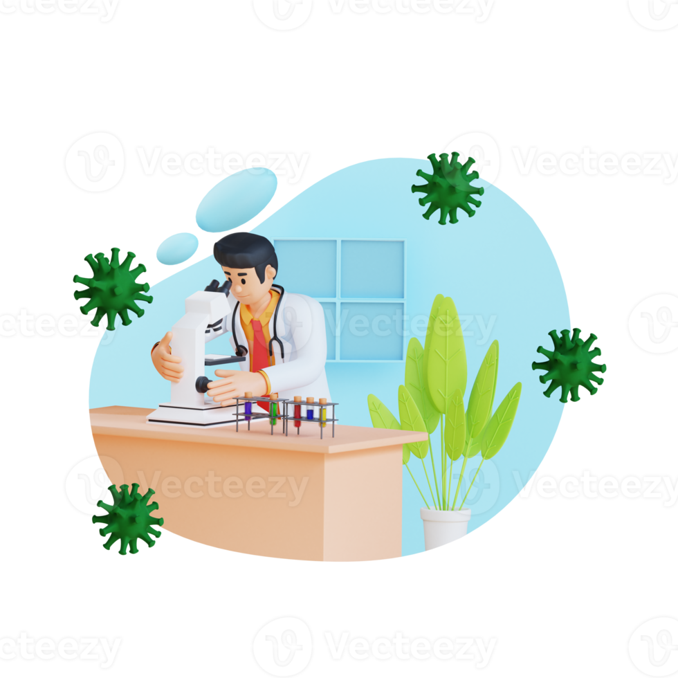 médecin utilisant un microscope dans le laboratoire illustration de personnage 3d png