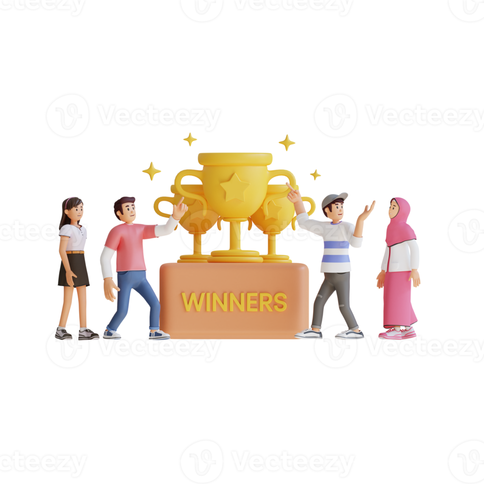 teenager team celebrate success achievement by holding a big trophy 3d character illustration png