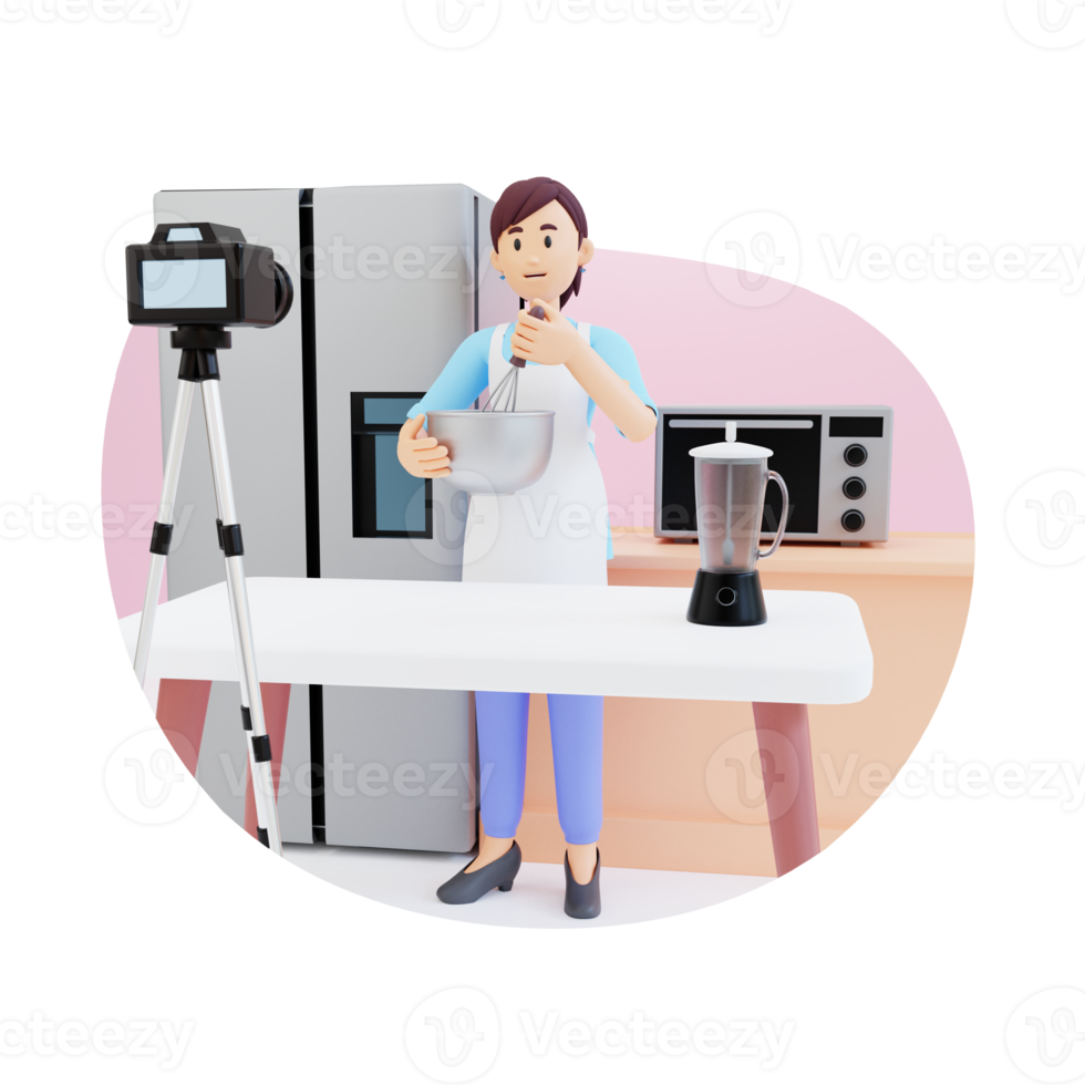 young mother making a video how to cook 3d character illustration png