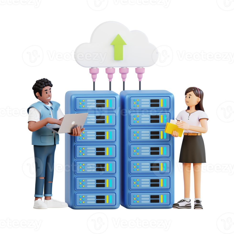 young man and girl with laptop in network server room 3d character illustration png
