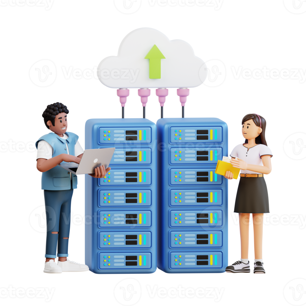 junger mann und mädchen mit laptop im netzwerkserverraum 3d-charakterillustration png