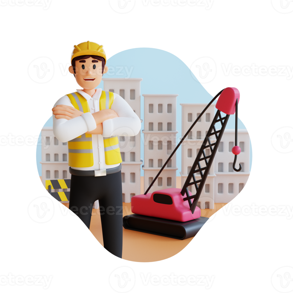 construction man wearing helmet and standing with arms crossed 3d character illustration png